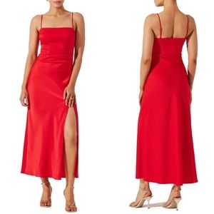 NEW ASTR The Label RED SATIN Ruched PLEATED Side HIGH SLIT Maxi SLIP DRESS